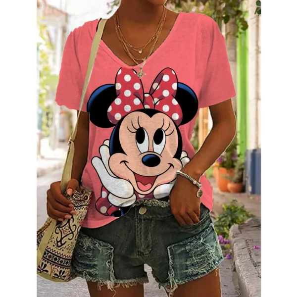 Disney Minnie Mouse T-Shirt Women Summer Fashion V-Neck Tops Tees Female Casual Short Sleeve Clothing Cartoon Outfit Streetwear - Image 4
