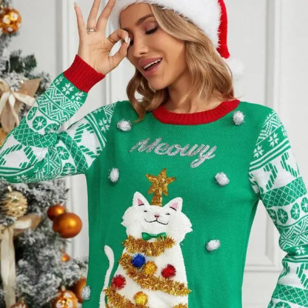 Autumn/winter New Jacquard Pullover Christmas Christmas Sweater Cartoon Kitten Embroidered Red Sweater - Image 4
