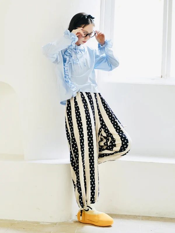 IMAKOKONI original design elastic waist striped pockets loose wide leg pants nine-quarter pants 223763 - Image 2