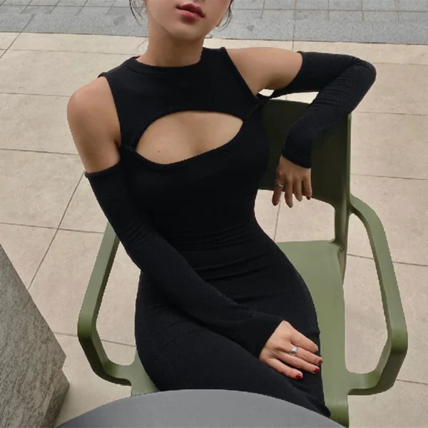 Xeemilo Elegant Hollowed Off Shoulder Maxi Dress Black Sexy Long Sleeve Split Dresses 2022 Women Slim Fitting Evening Party Robe - Image 3