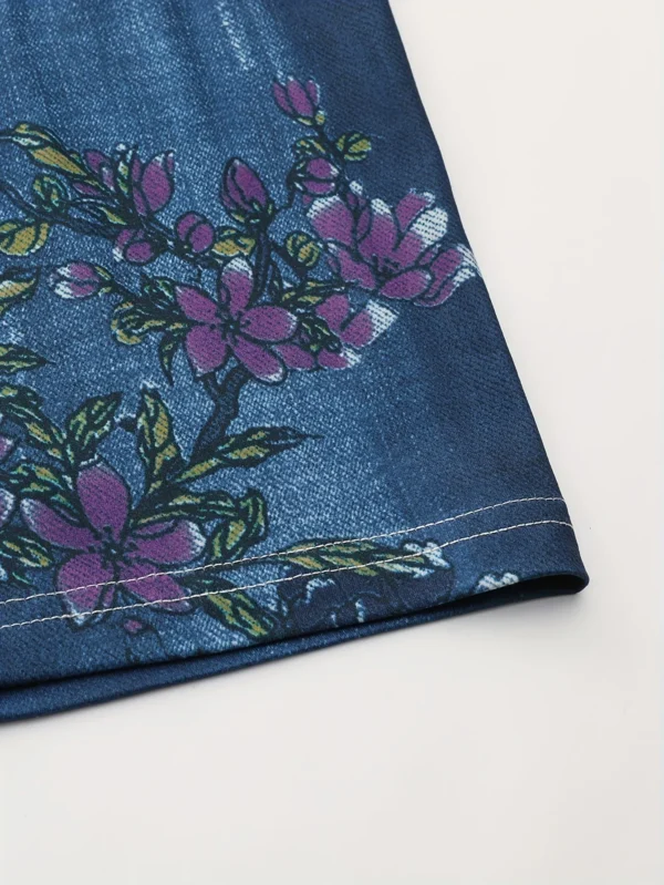 Floral Print Deep Blue Imitation Denim Slim Fitting Shorts For Women's Casual Leggings With High Elasticity And Comfort - Image 4