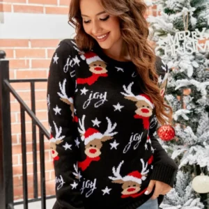 Christmas Knitwears Sweater Women Autumn And Winter New O Neck Long Sleeve Printed Fashion Casual Knitted Pullovers Feminina Top