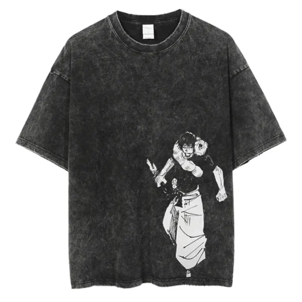 Anime Printed Streetwear Vintage Washed T-shirt Men Harajuku Manga Graphic Print Gojo Acid Wash Tops Tee Shirt Oversized - Image 3