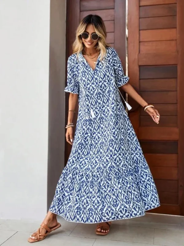 Women's Summer Chiffon V Neck Short Sleeve Floral Flowy A Line Maxi Dress Boho Flounce Tiered Swing Long Beach Dresses ON SALE - Image 3