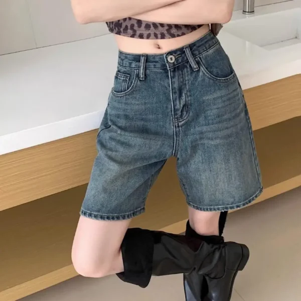 Women Denim Shorts High Waist Vintage Washed Straight Wide-leg Trousers Button Streetwear Knee Length Jeans Short Pants - Image 2