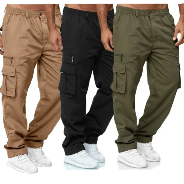 Men's Overalls Outdoor Sports and Leisure Multi-pocket Loose Straight Pants Solid Color Elastic Waist Button Combat Overalls - Image 3