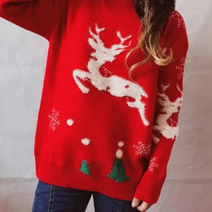 Women's Christmas Tree Fawn Knit Sweater Women's Elk Pattern Small Turtleneck Long Sleeve Knit Winter Wear Red/Black S/M/L/XL