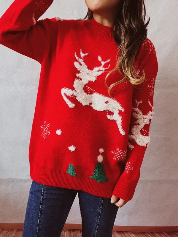 Women's Christmas Tree Fawn Knit Sweater Women's Elk Pattern Small Turtleneck Long Sleeve Knit Winter Wear Red/Black S/M/L/XL