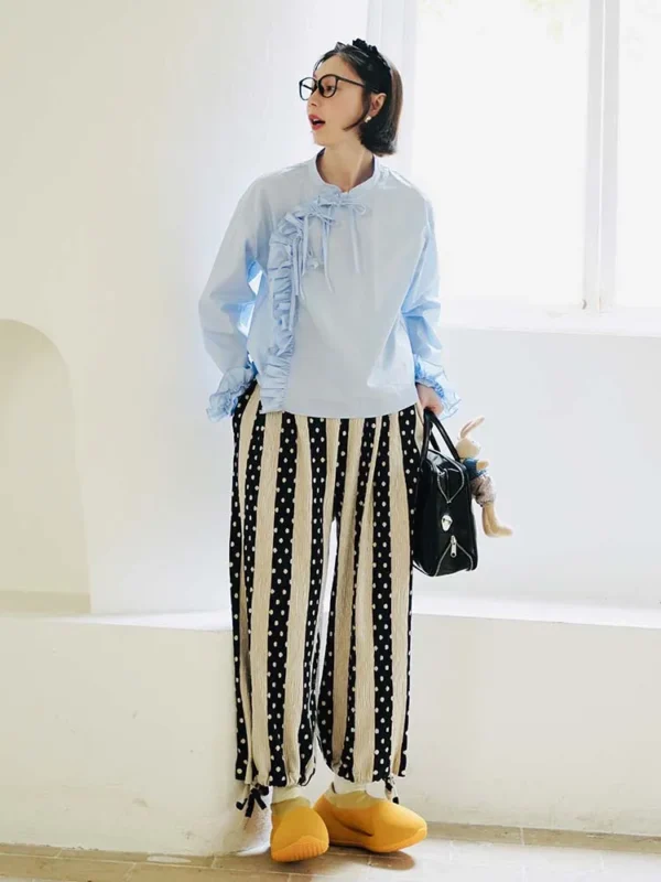 IMAKOKONI original design elastic waist striped pockets loose wide leg pants nine-quarter pants 223763 - Image 3