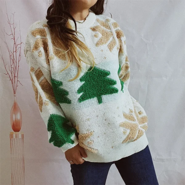 OMCHION Green Christmas Sweater 2023 Fashion Tree Embroidery Knitted Pullover Casual Loose Retro Sweater For Female Knitwear - Image 5