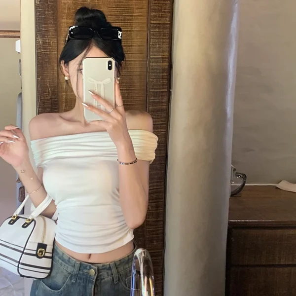 Hot Girls Sexy Off Shoulder Short Sleeve Slim T-shirt Women's Solid Color Pleated Crop Top - Image 5
