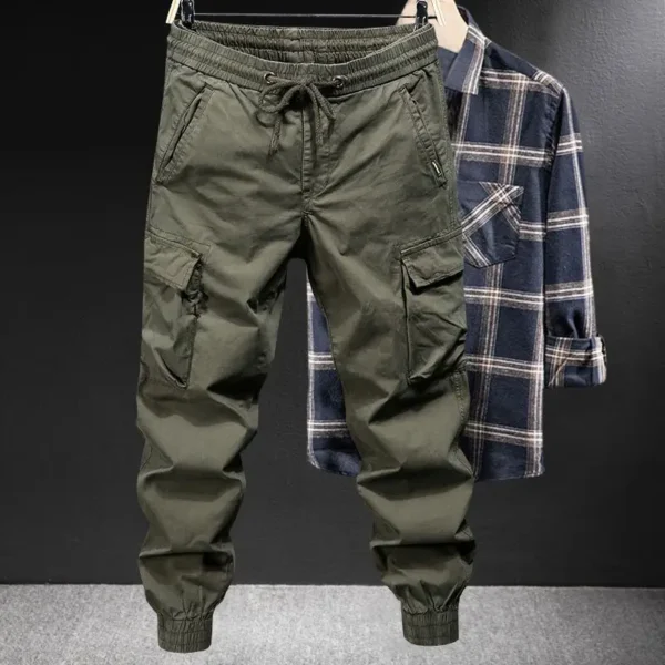 Spring Autumn New Fashion Solid Color Elastic Waist Drawstring Men's Clothing Casual Pockets Korean Bound Feet Thin Cargo Pants - Image 3