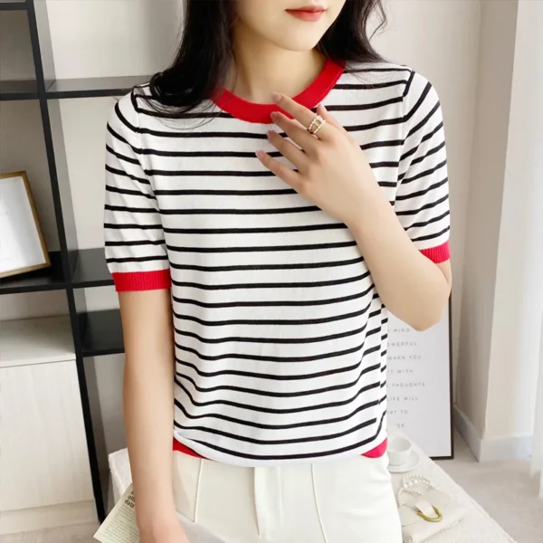 Short Sleeve T-shirts Women Striped Basic Chic Simple All-match Harajuku Retro Cotton O-neck Trendy Loose Leisure Cozy Womens - Image 4