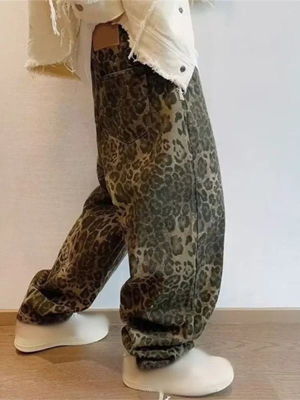 Y2k High Street Cheetah Print Jeans For Male Oversized Wide Leg High Waisted Cargo Pants Men's Casual Leopard Print Trousers - Image 2