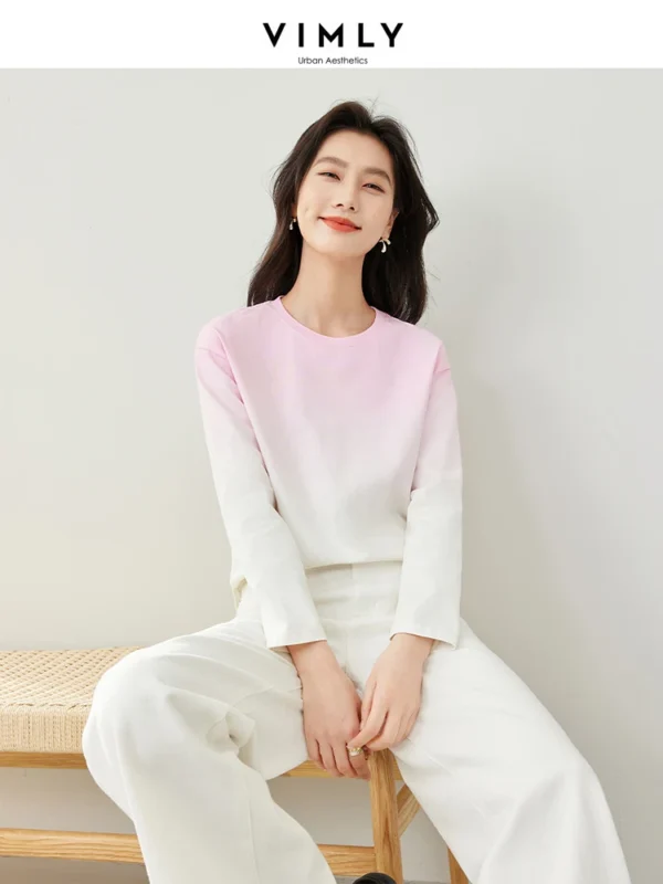 Vimly Cotton 100% Gradient Round Neck T-shirt Woman 2024 Spring Side Split Women's Long Sleeve Top Casual Loose Pullovers M6093 - Image 4