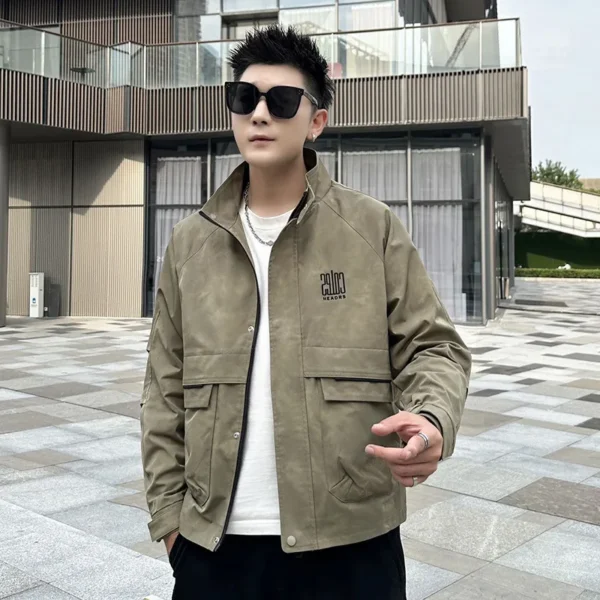 Autumn Men Workwear Jacket Hip Hop Old Tie Dye Embroidered Letters Stand Up Collar Jacket Casual Loose Fit Coats Streetwear - Image 4