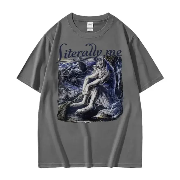 Sitting Wolf Literally Me Funny Meme T Shirt Men Clothing Fashion Retro T Shirts Unisex Casual Cotton Oversized T-shirt Y2k - Image 4