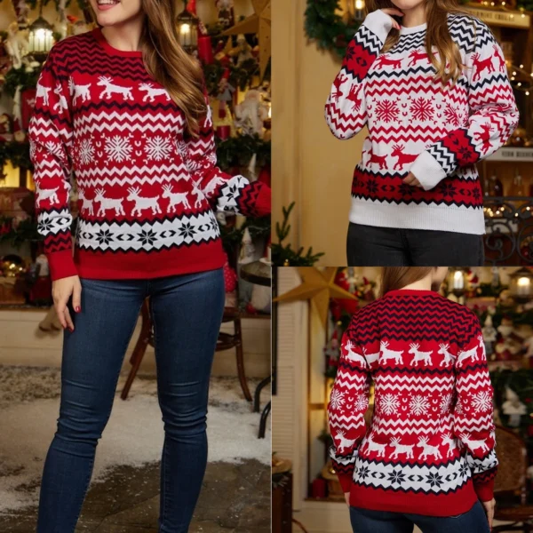 Women Knitted Jumper Festive Christmas Party Jumper Long Sleeve Fashion Simple Jacquard Elk Round Neck Knitwear Sweater Shirt - Image 3