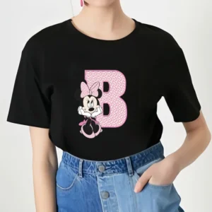 Hot Sale Woman Black T-shirt Cartoon Minnie Mickey Letter Print Kids Summer Girls Cotton Casual T-shirt round Neck short sleeve