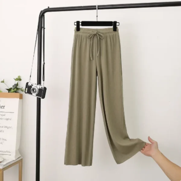 Ice Silk Wide-Leg Pants Women Cool Sweatpants Summer Thin Pleat Loose Straight Pants Office Lady Casual Drawstring Long Trousers - Image 5