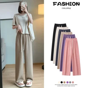 Women Fashion Summer Autumn Leisure Soild Color Wide Leg Pants Elastic waist Straight cylinder Floor Mopping Pants