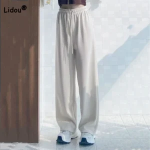 Autumn Winter Thick White All-match High Waist Straight Trousers Corduroy Casual Drawstring Loose Womens Wide Leg Sports Pants