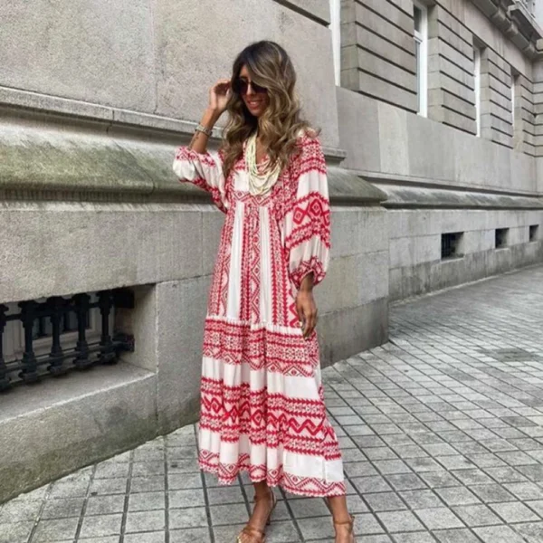 Women Puff Sleeve Boho Maxi Dress Vintage Elegant Fashion Casual Print Floral V-Neck Loose Ladies Holiday Beach Party Vestidos - Image 4