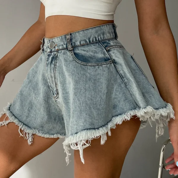 High Waist Womens Denim Shorts Spring Summer Denim Cotton Holes Splicing Shorts Loose Tassel Booty Shorts Sexy Club Short Jeans - Image 2
