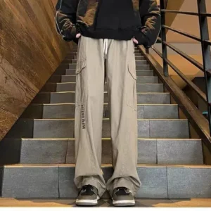 Men's Clothing Solid Color Elastic High Waisted Pockets Button Letter Printing Spring Autumn Trousers Cargo Wide Leg Pants