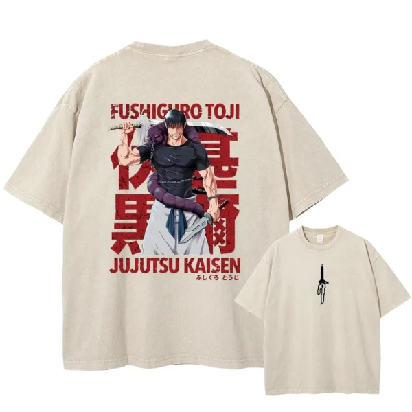 Men Streetwear Washed Apricot White Oversized T Shirt Japanese Anime Graphic Print T-Shirt Summer Cotton Short Sleeve Tees - Image 3