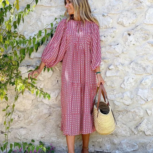 Women Puff Sleeve Boho Maxi Dress Vintage Elegant Fashion Casual Print Floral V-Neck Loose Ladies Holiday Beach Party Vestidos - Image 2