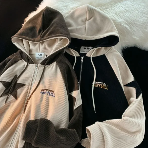 American Retro Star Patch Designs Zipper Hoodie Women 2024 New Street Popular Joker Sweatshirt Unisex Stitching Loose Casual Top - Image 3