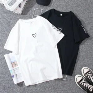 Fashion Harajuku Summer Heart Print T-Shirt for Women Black White Tops Tshirt Ladies Basic T Shirts Love Embroidery Female Tee