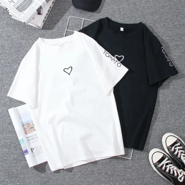 Fashion Harajuku Summer Heart Print T-Shirt for Women Black White Tops Tshirt Ladies Basic T Shirts Love Embroidery Female Tee