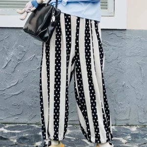 IMAKOKONI original design elastic waist striped pockets loose wide leg pants nine-quarter pants 223763