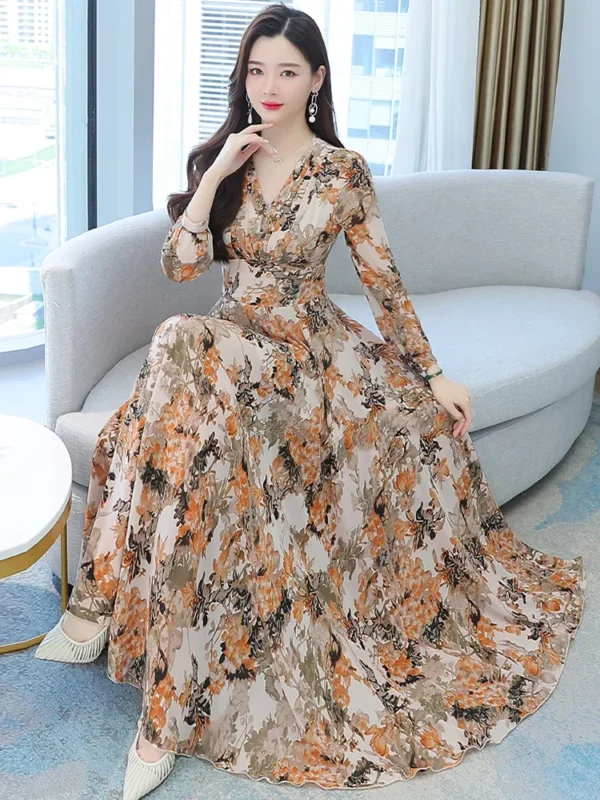 Women Spring Autumn Midi Casual Dress Beach Floral Chiffon Robe Chic Elegant Evening Dresses For Party Korean Fashion 2022 Maxi - Image 3