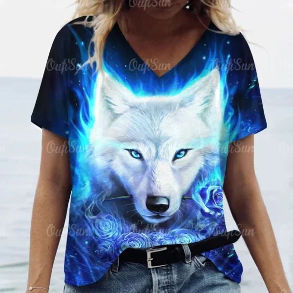 Summer Womens T-Shirt Short Sleeves Tops New V-Neck Clothing 3d Animal Print Pullover Tees Oversized Streetwear Female T-Shirts - Image 3