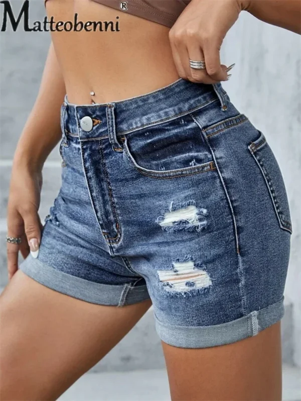 Fashion Trend Broken Holes Three Quarter Pants Summer Women's Casual Streetwear Slim Fit Button Splicing Denim Shorts Female New - Image 2
