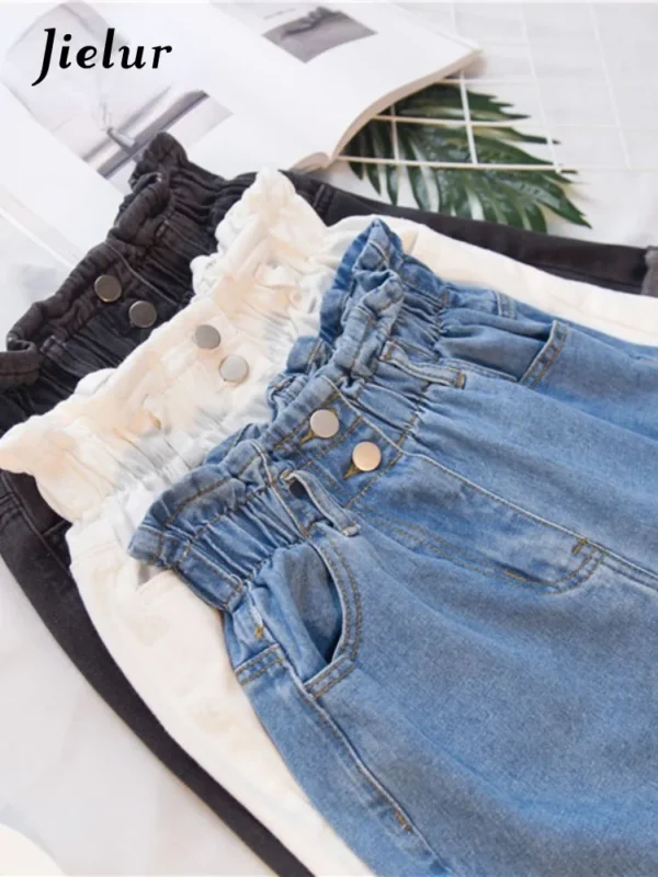 Jielur Summer Black Women Denim Shorts Women S-5XL Harem Ruffled White Blue High Waisted Shorts Female Elastic Short Jeans - Image 2