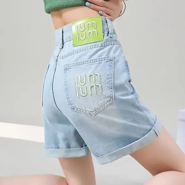 ITOOLIN Women Letter Embroidery Casual Denim Shorts High Waist Loose A-line Jean Shorts Button Up Women Office Trousers Summer - Image 2