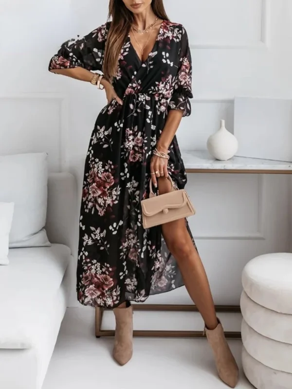 Chiffon Summer Dresses Women 2024 Elegant A-line Flower Office Spring Long Sleeve V-Neck Floral Maxi Dresses for Women Vestido - Image 2