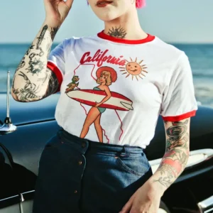 American Vintage Lady California Beach surfing Printing Red Ringer T Shirt Short Sleeve Loose Cotton 80s Summer Casual Tops Tees