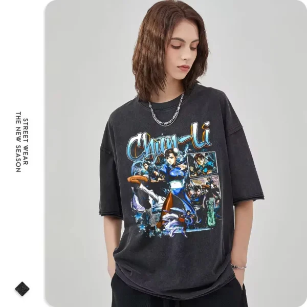 Chun Li Street Fighter T Shirt Pc Game RYU Akuma Vintage Washed Top Tees DTG Printing Short Sleeve Oversized T-shirt 100% Cotton - Image 3