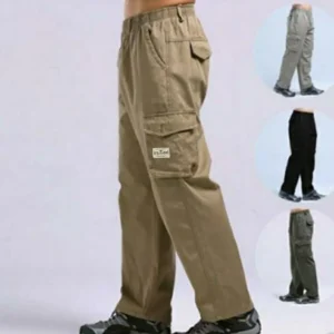 Men Pants Wide Leg Elastic Waist Multi Pockets Soft Loose Breathable Straight Full Length Casual Streetwear Men Long Trousers