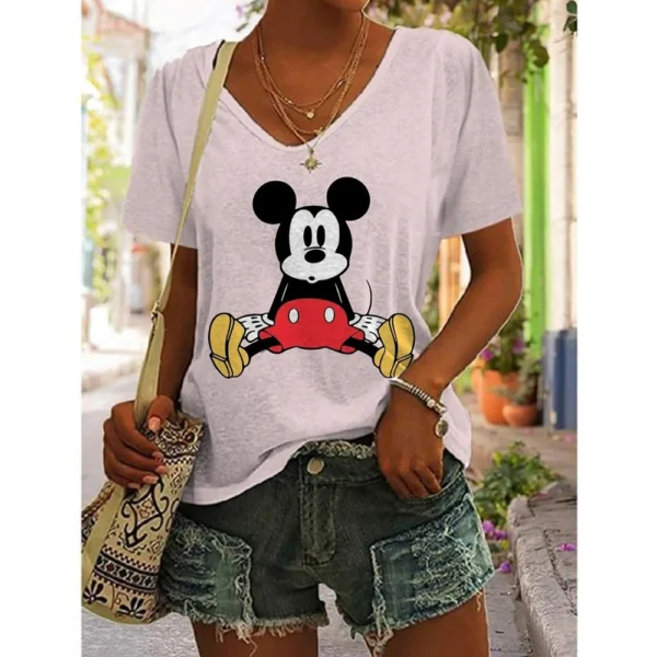 Disney Minnie Mouse T-Shirt Women Summer Fashion V-Neck Tops Tees Female Casual Short Sleeve Clothing Cartoon Outfit Streetwear - Image 5