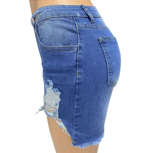Fashion Slanted Waist Button Splicing Denim Shorts Women Summer Broken Holes Tassel Three Quarter Pants Female Casual Mini Jeans - Image 4