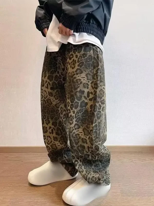 Y2k High Street Cheetah Print Jeans For Male Oversized Wide Leg High Waisted Cargo Pants Men's Casual Leopard Print Trousers - Image 3