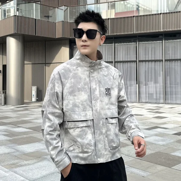 Autumn Men Workwear Jacket Hip Hop Old Tie Dye Embroidered Letters Stand Up Collar Jacket Casual Loose Fit Coats Streetwear - Image 3