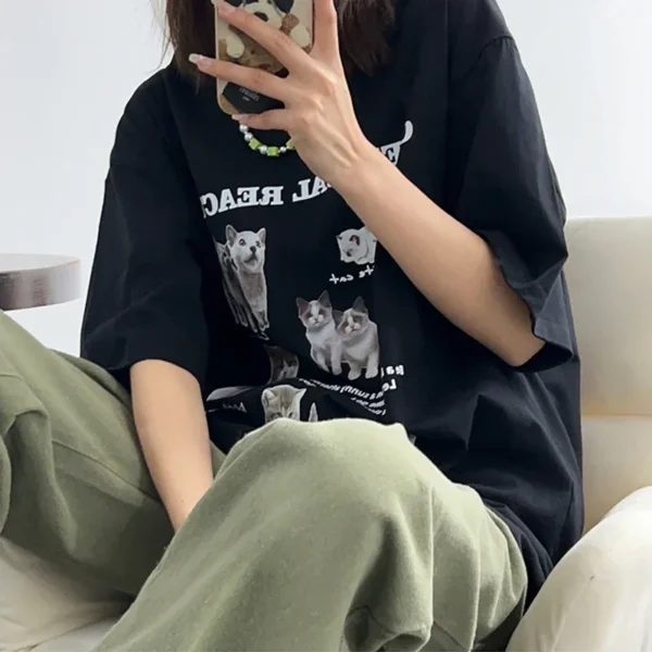 Harajuku Kawaii Y2k Top Women T-Shirt Oversized Cat Tees Korean Fashion Short Sleeve Streetwear Aesthetic Clothing Tops - Image 3