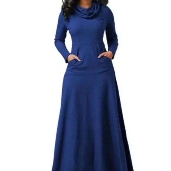 Plus Size 5XL Elegant Long Maxi Dress Autumn Winter Warm High Collar Women Long-sleeved Dress 2023 Woman Clothing With Pocket - Image 4